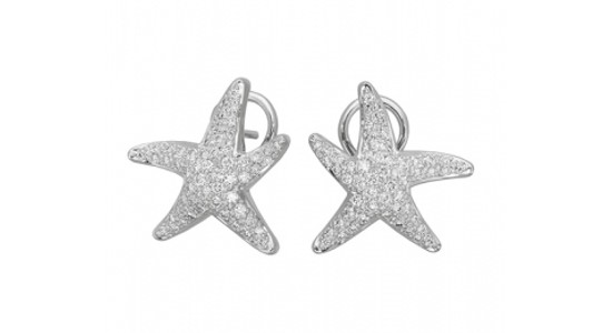 a pair of white gold stud earrings featuring starfish motifs and diamond accents