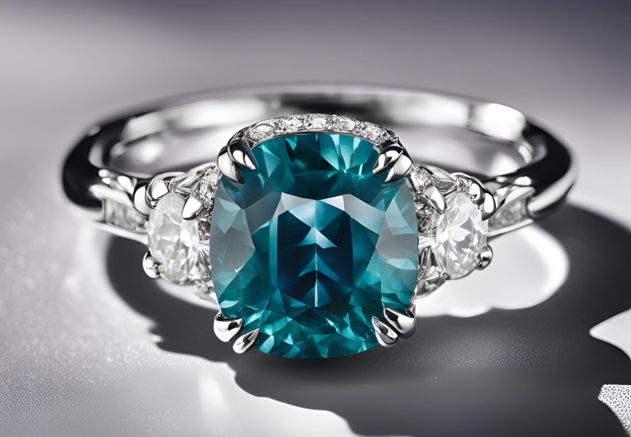 A close-up of a teal sapphire as the center stone in a three stone engagement ring with two round diamonds flanking the vibrant gemstone.