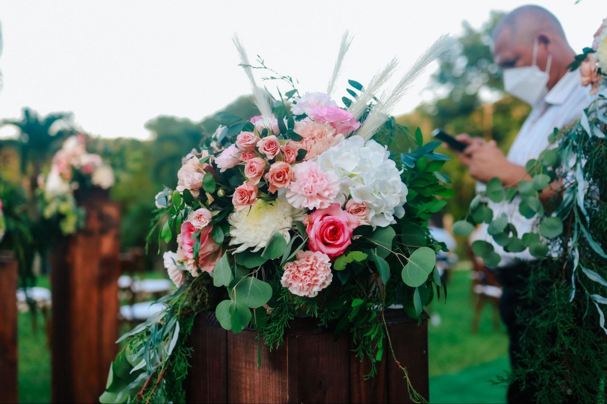 A bouquet of flowers at the wedding reception.