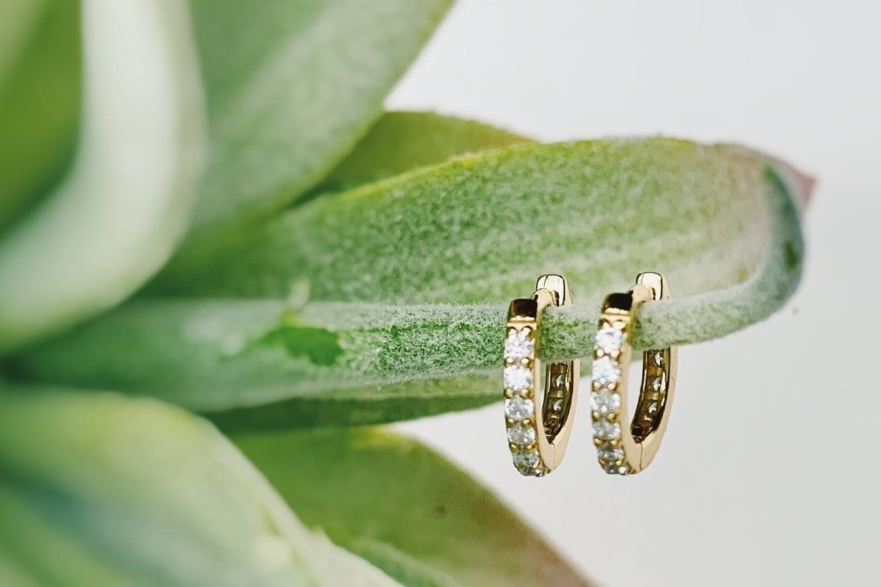 a pair of yellow gold diamond huggies earrings hanging on a plant