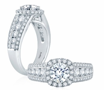 two alternate views of the same round cut, halo, sidestone engagement ring