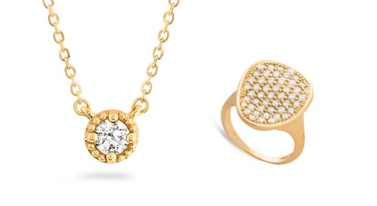 a yellow gold diamond pendant necklace and a yellow gold diamond fashion ring