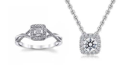 a white gold diamond fashion ring next to a white gold diamond halo necklace
