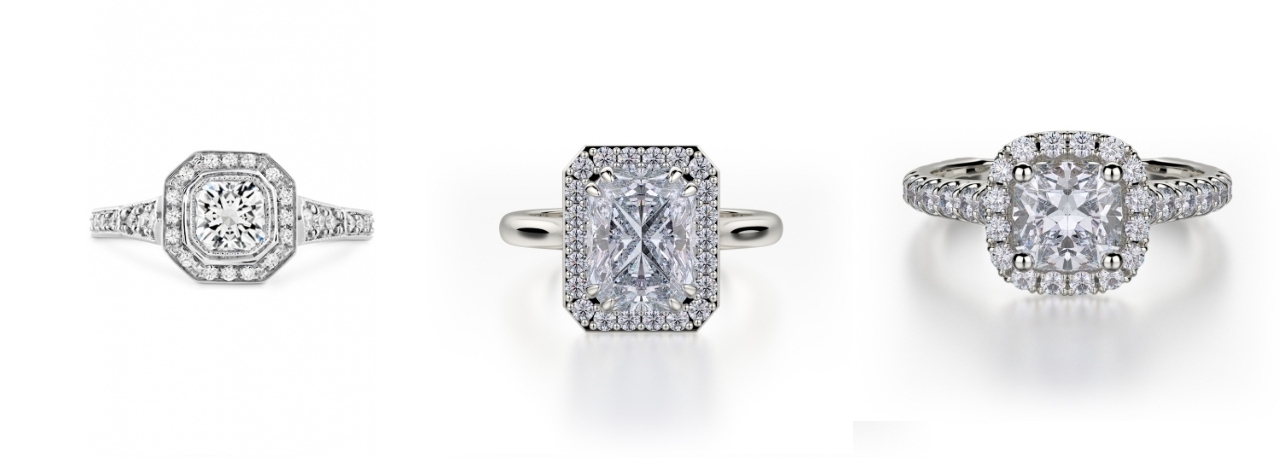 Left to right: Hearts On Fire ring, and then two Michael M rings - each with a radiant center stone diamond