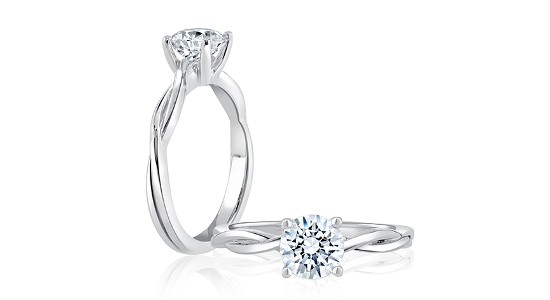 two alternative images of the same white gold solitaire engagement ring with twisting shanks