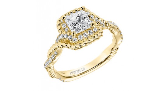 a yellow gold, princess cut engagement ring featuring twisted shanks and diamond accents