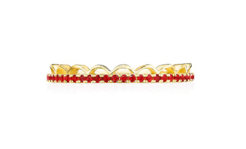 A yellow gold TACORI wedding band adorned with rubies and scalloped details, available at Rogers Jewelry Co.