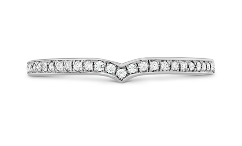 An elegant Hearts on Fire white gold wedding ring featuring a subtle V-shape and sparkling diamond side stones, available at Rogers Jewelry Co.