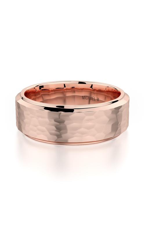 A rose gold diamond wedding band for ladies and a hammered-surface band for grooms.