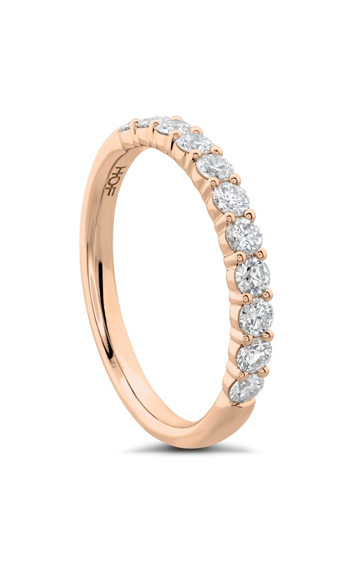 A rose gold diamond wedding band for ladies and a hammered-surface band for grooms.