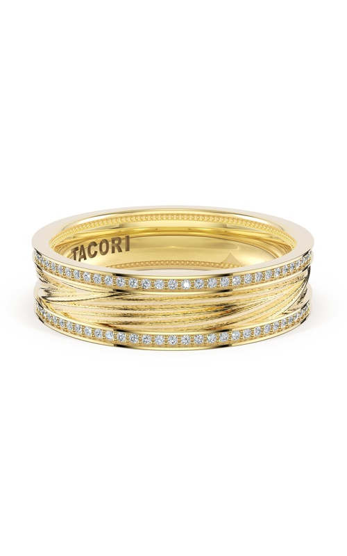A yellow gold textured TACORI man’s wedding band and yellow gold diamond three-row ladies' wedding band.
