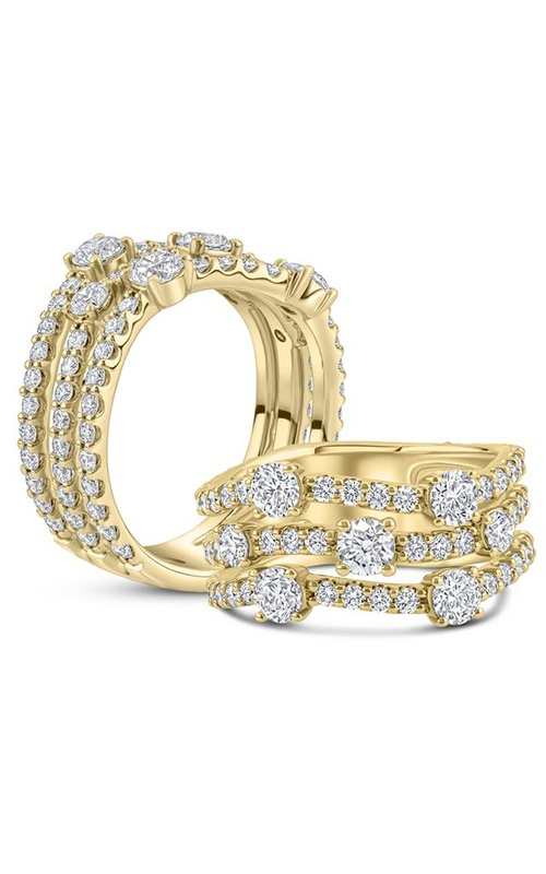 A yellow gold textured TACORI man’s wedding band and yellow gold diamond three-row ladies' wedding band.