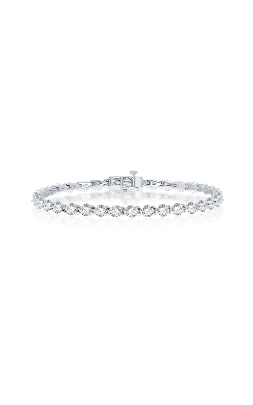 A platinum round cut tennis diamond bracelet on a white background