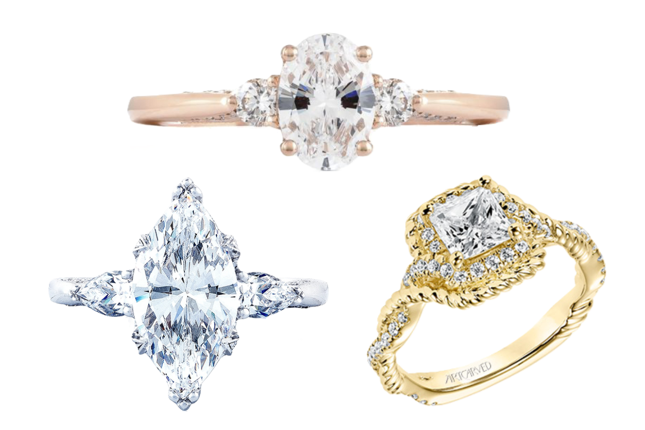 A selection of engagement rings featuring marquise, oval, and princess cut diamonds, all available at Rogers Jewelry Co.