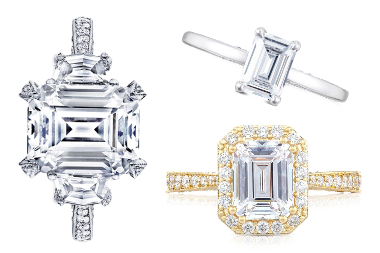 A selection of engagement rings featuring emerald cut diamonds, all available at Rogers Jewelry Co.