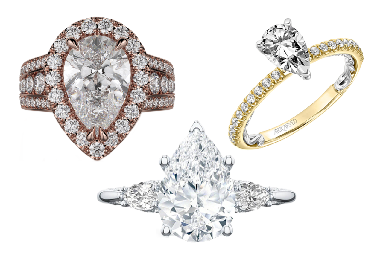 A selection of engagement rings featuring pear cut diamonds, all available at Rogers Jewelry Co.