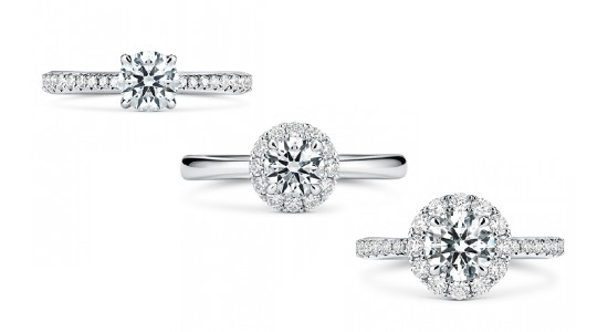 three white gold Vela engagement rings by Hearts On Fire