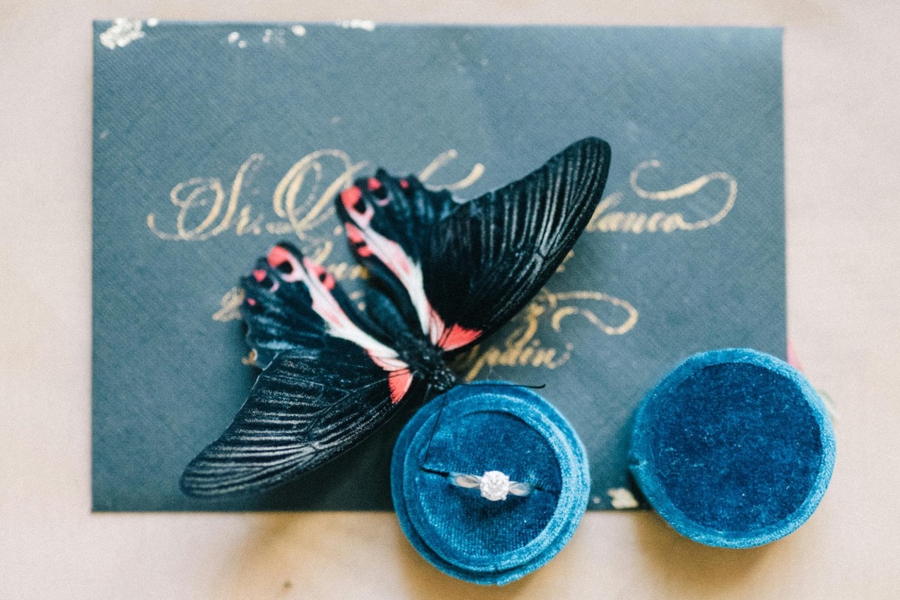 a silver toned engagement ring in a blue ring box sitting next to a butterfly
