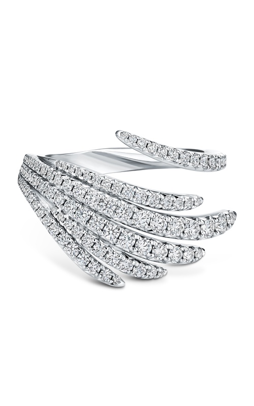 A white gold wrap cocktail ring covered in rows of pavé diamonds resembling a bird's wing.