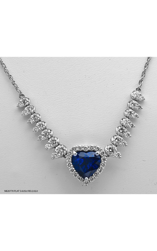 A platinum necklace showcasing a prominent heart-shaped blue sapphire pendant surrounded by graduated pear and round diamonds.