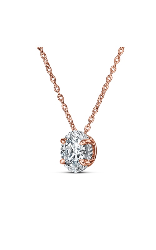 A delicate rose gold chain necklace featuring an oval diamond pendant with a small diamond halo.
