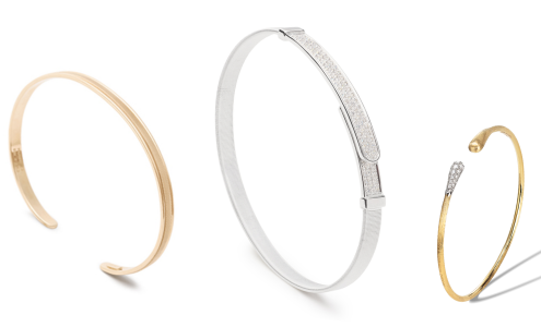 A close-up of three slim and subtle bangle bracelets, all available at Rogers Jewelry Co. A close-up of three slim and subtle bangle bracelets, all available at Rogers Jewelry Co.