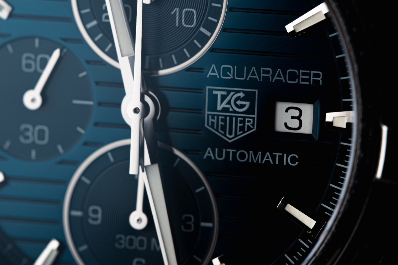 Close up image of a dark TAG Heuer Aquaracer dial Close up image of a dark TAG Heuer Aquaracer dial