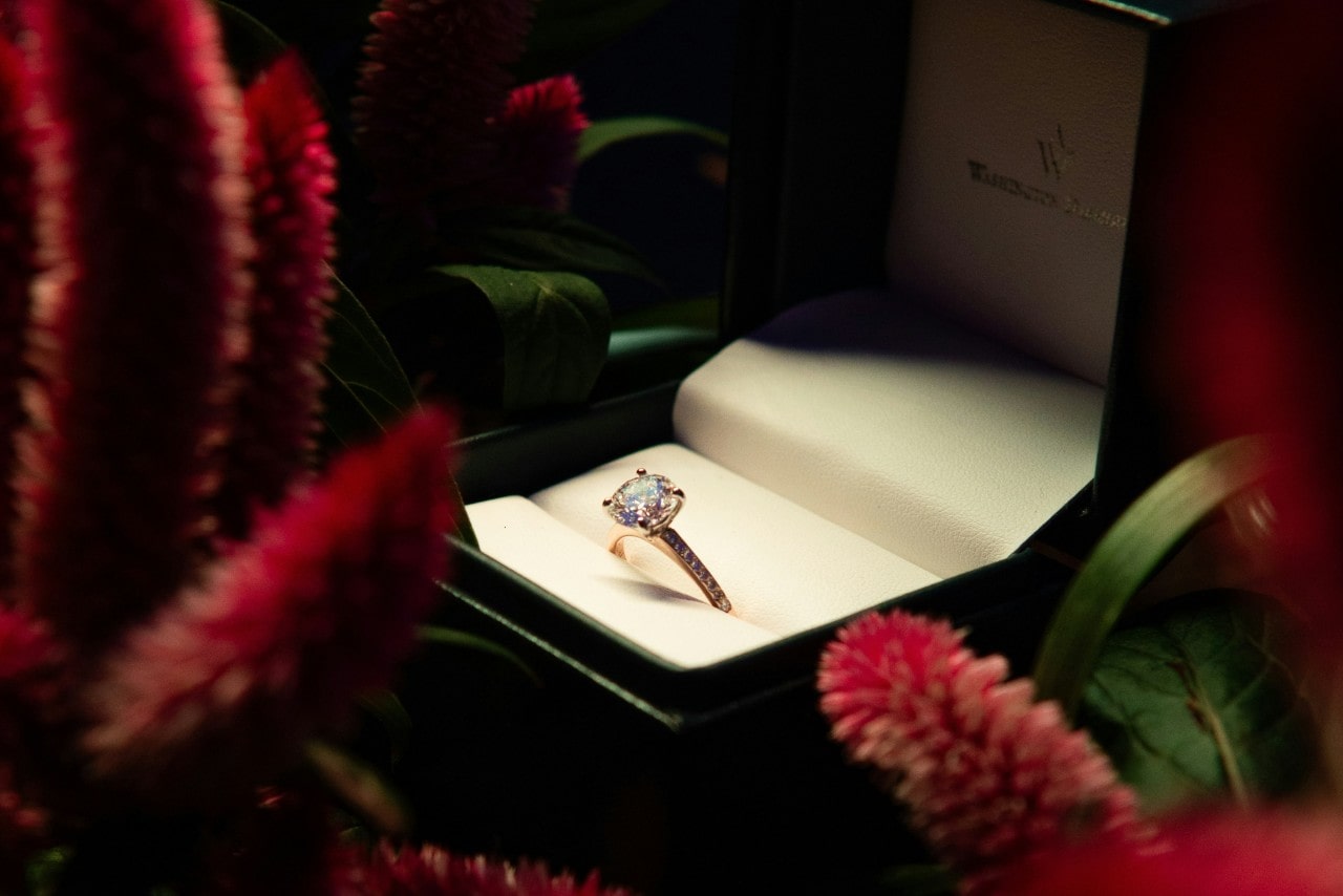 A close-up of a round cut engagement ring in a ring box surrounded by fluffy flowers.